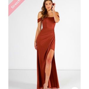 Off the shoulder mesh floor length dress, terracotta size 8